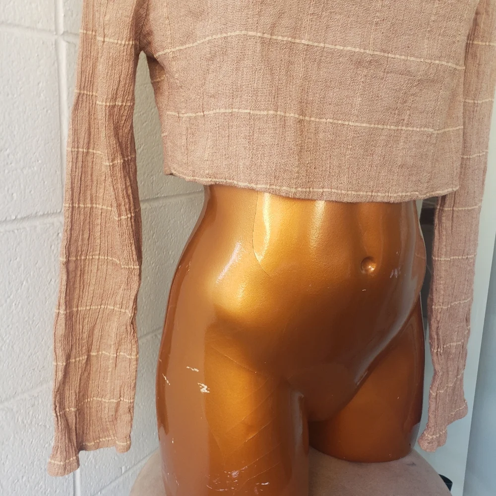 free people long sleeve square neck light brown cotton gauzy crop top plaid 10